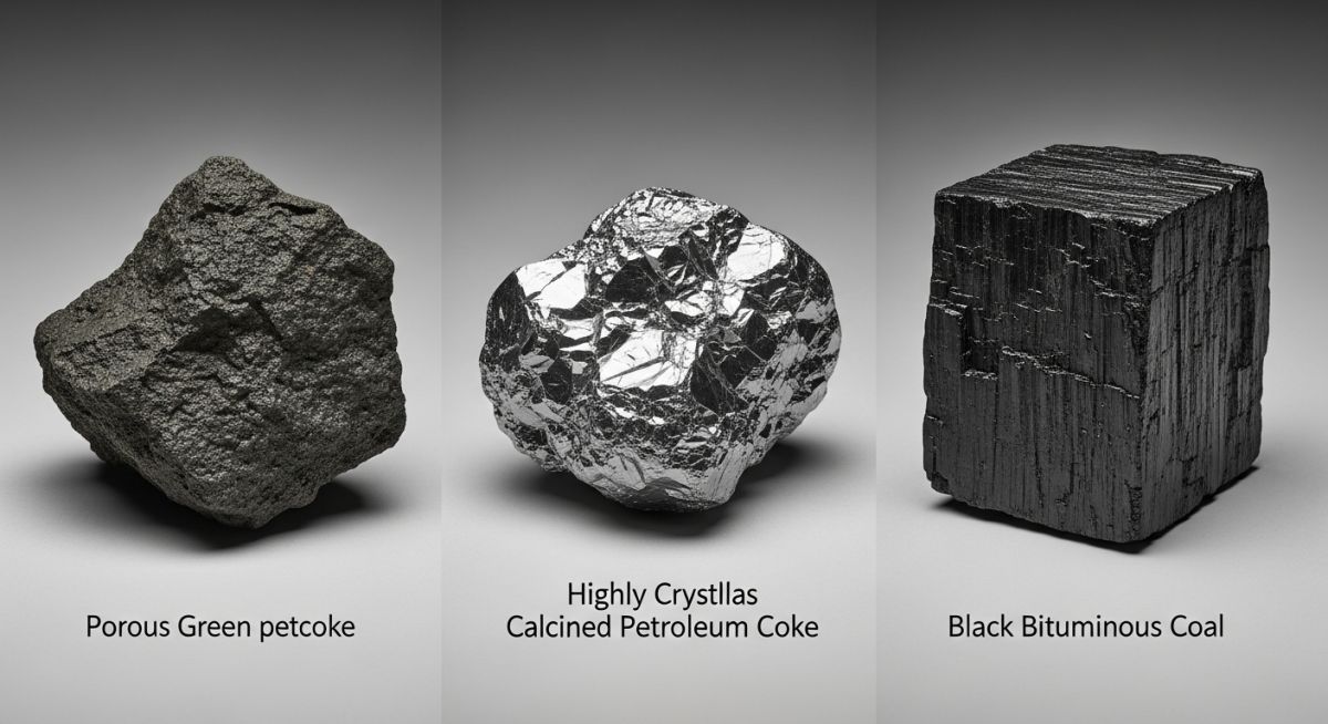 Technical comparison infographic of petroleum coke, calcined coke, and thermal coal properties