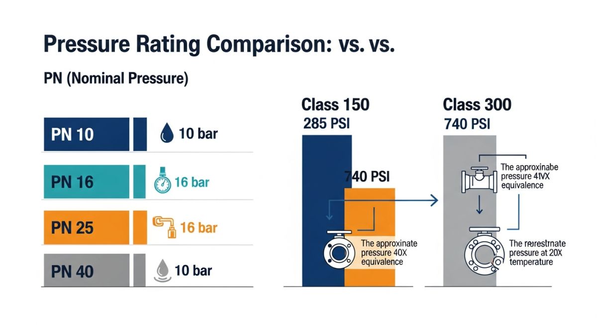Comparison chart of Pipe Class Ratings vs PN Numbers
