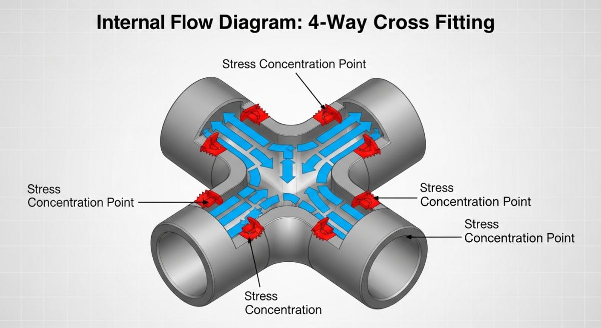 Technical flow diagram showing fluid velocity and pressure drop across a pipe cross fitting