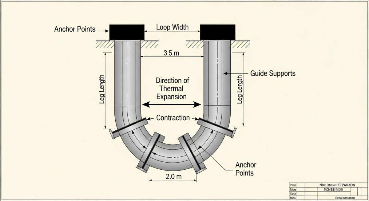 Engineering diagram of a pipe expansion loop showing dimensions and guide locations