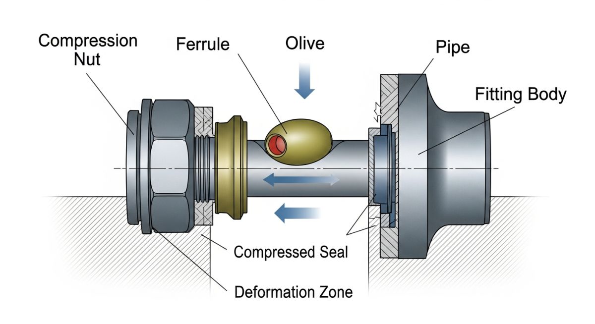 Cross-section diagram of a double ferrule compression fitting showing front and rear ferrule deformation