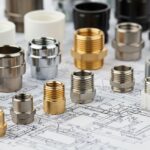 A collection of different metal and plastic pipe ferrules resting on an engineering blueprint.
