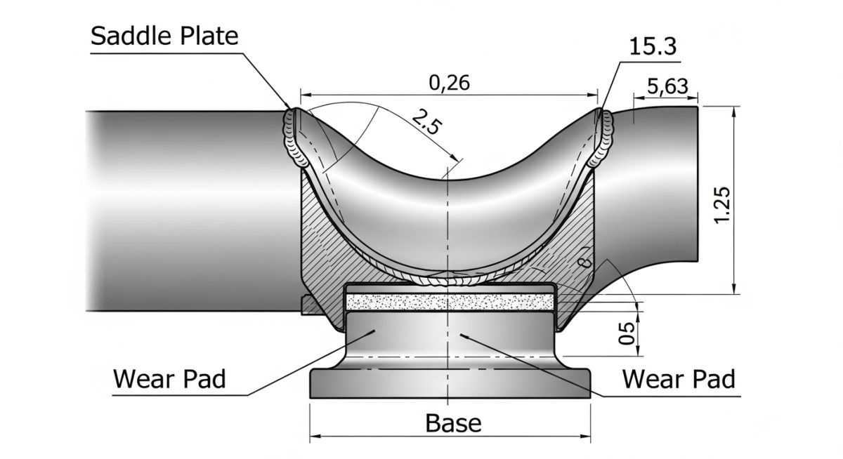 Technical engineering diagram of a pipe saddle support showing saddle angle and dimensions