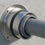A metallic pipe sleeve embedded in a concrete wall with a carrier pipe passing through it.