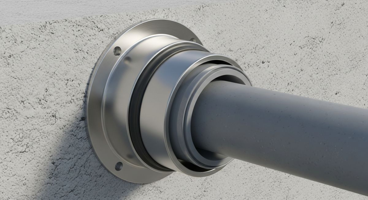 A metallic pipe sleeve embedded in a concrete wall with a carrier pipe passing through it.