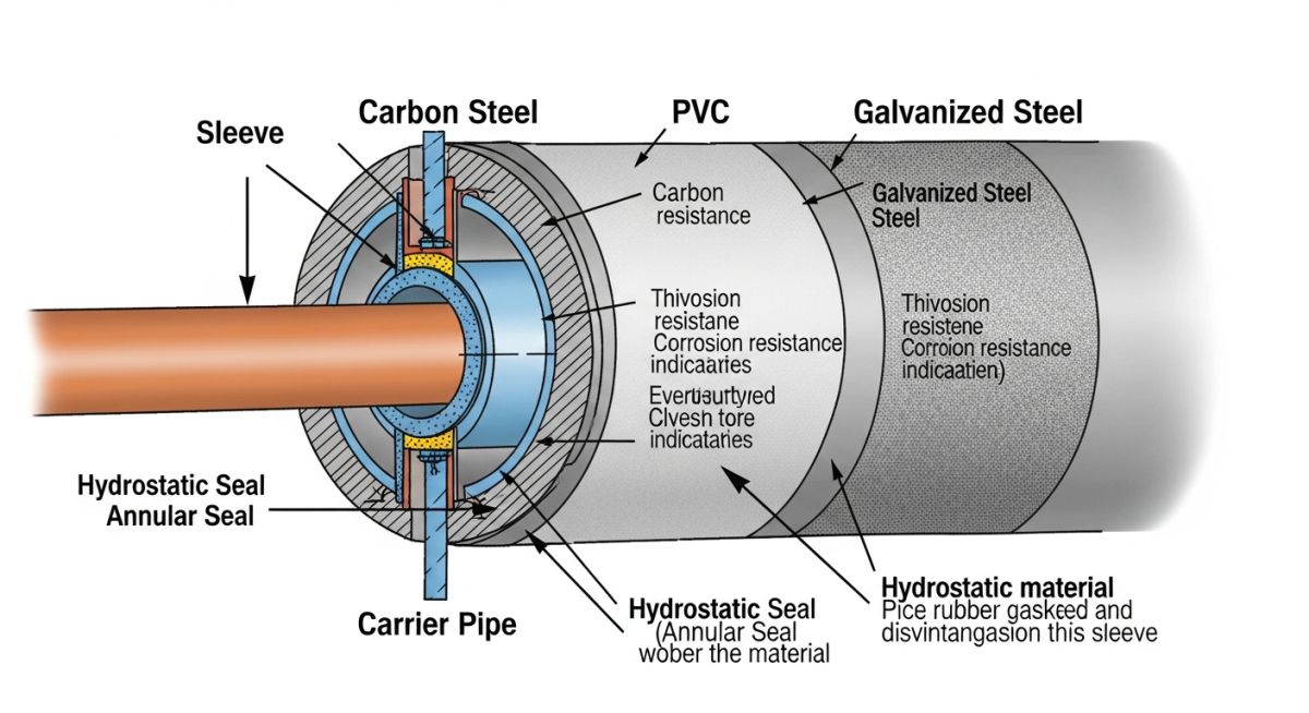 Technical diagram showing pipe sleeve materials and types
