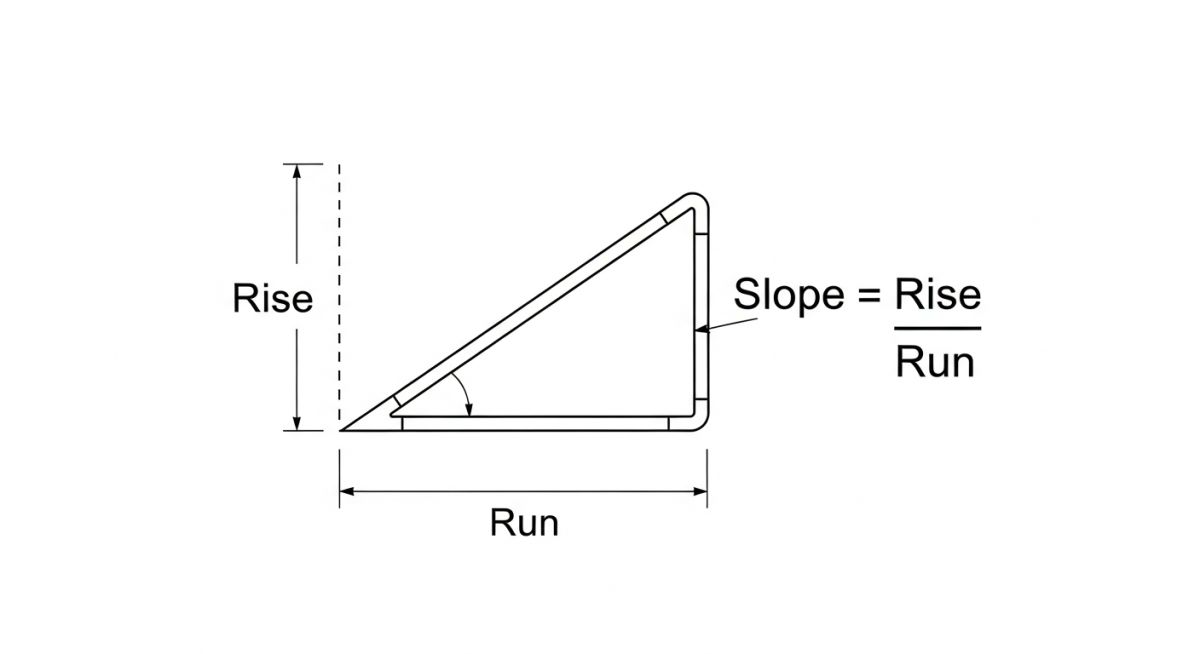 Pipe slope calculation formula diagram showing run, rise, and slope angle