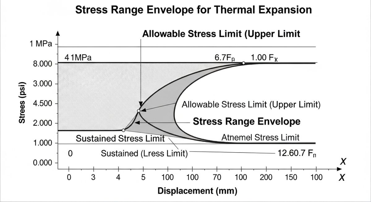 Piping stress range diagram illustrating displacement stress range vs allowable stress limits