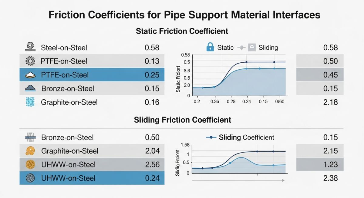 Pipe support friction coefficient chart comparing steel, PTFE, and graphite slide plates
