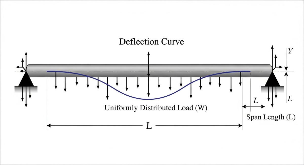 Pipe support span deflection diagram showing bending moment and shear force distribution