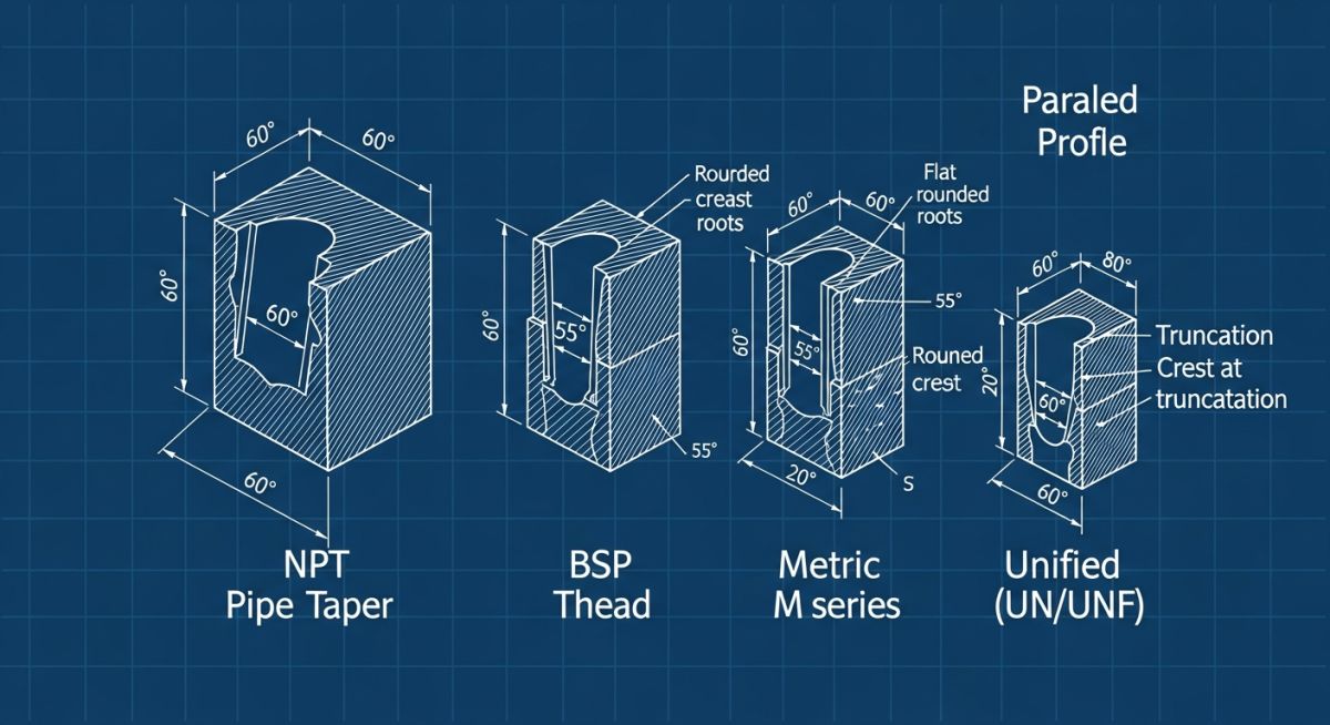 Comparison diagram of NPT, BSPT, BSPP, and Metric thread profiles
