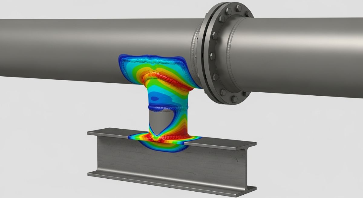 3D CAD model of a pipe trunnion dummy support welded to a process pipeline resting on structural steel.