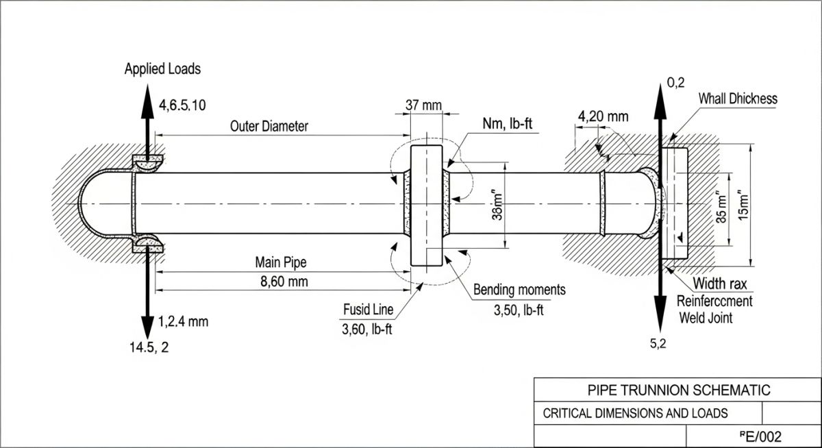 Pipe Trunnion Stress Calculation Diagram and Force Vectors