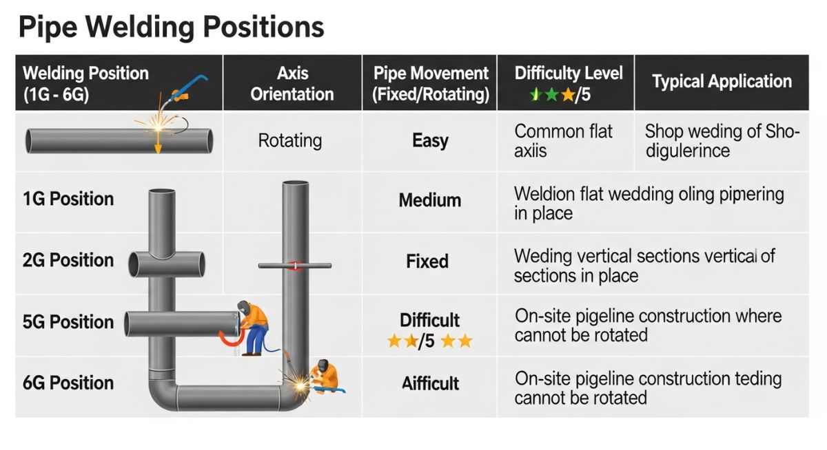 Pipe welding position comparison chart showing 1G 2G 5G 6G differences with ISO vs ASME mapping