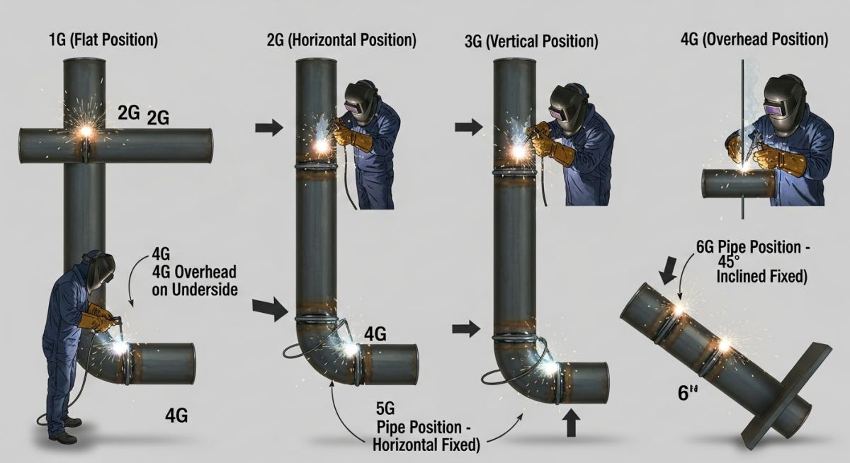Pipe welding positions diagram showing 1G 2G 3G 4G 5G 6G positions with welder orientation