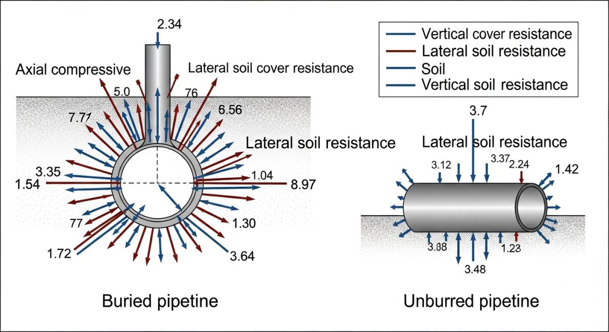 Pipeline buckling forces and soil resistance chart showing lateral and vertical displacement limits