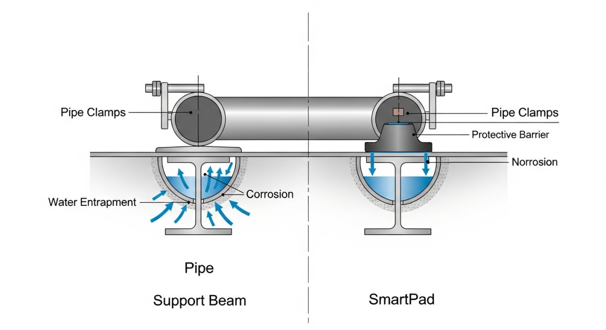 Technical diagram showing crevice corrosion mechanism and SmartPads isolation barrier