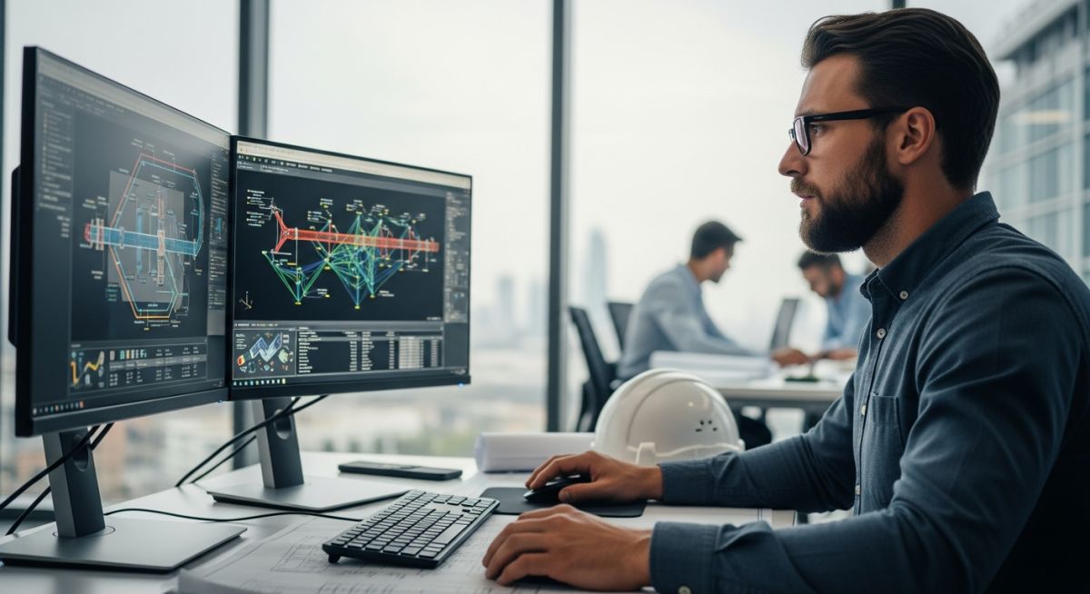 A pipeline engineer reviewing 3D piping schematics on a computer screen in preparation for a technical interview.