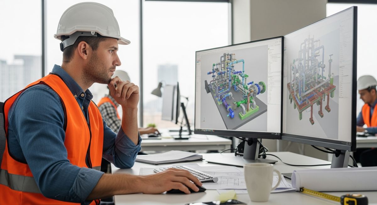 Piping engineer analyzing 3D CAD piping design layouts on a computer screen in an office.