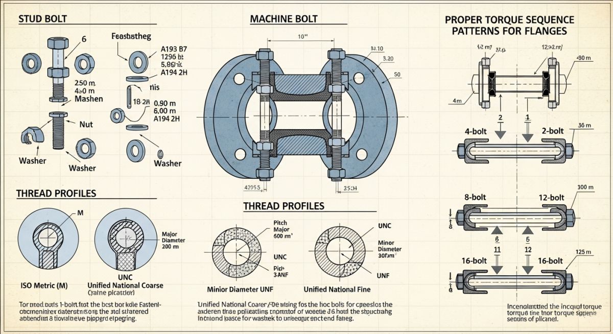 Technical diagram showing piping fastener types and torque distribution patterns
