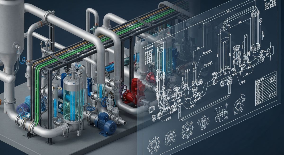 A digital screen displaying a detailed piping isometric drawing and 3D CAD model of an industrial piping system.