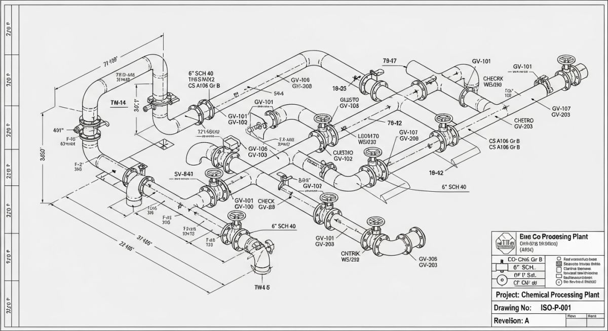 Piping isometric drawing technical schematic showing dimensions and weld symbols