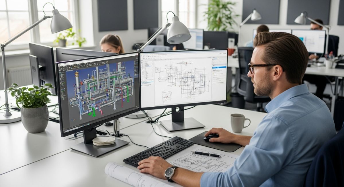 Piping layout engineer analyzing 3D piping design models on computer screens.