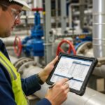Piping material engineer reviewing technical specifications on a tablet in an industrial plant.