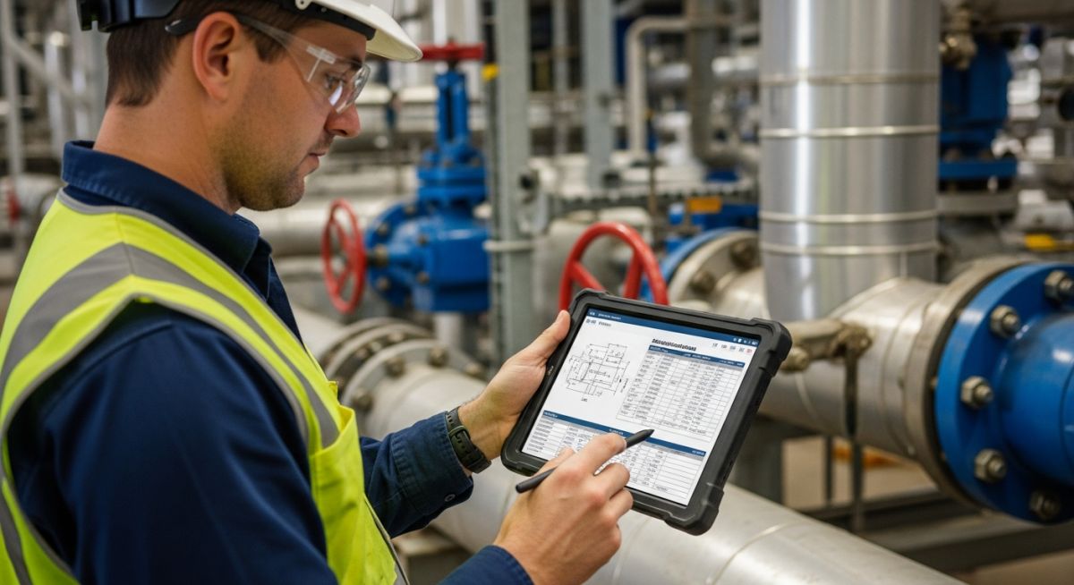 Piping material engineer reviewing technical specifications on a tablet in an industrial plant.
