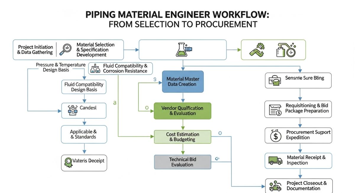 Piping Material Engineer workflow infographic showing material selection, specification writing, and MTO generation