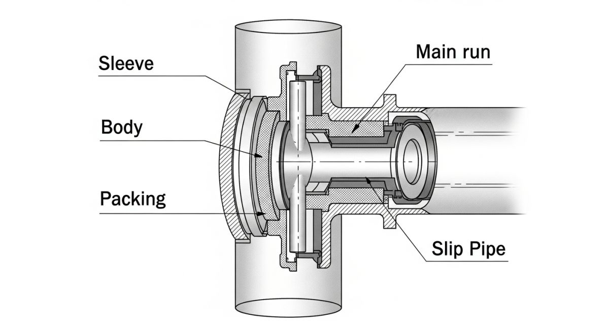 Cross-section diagram of a piping slip joint showing the slip sleeve, packing rings, gland flange, and limit stop bolts