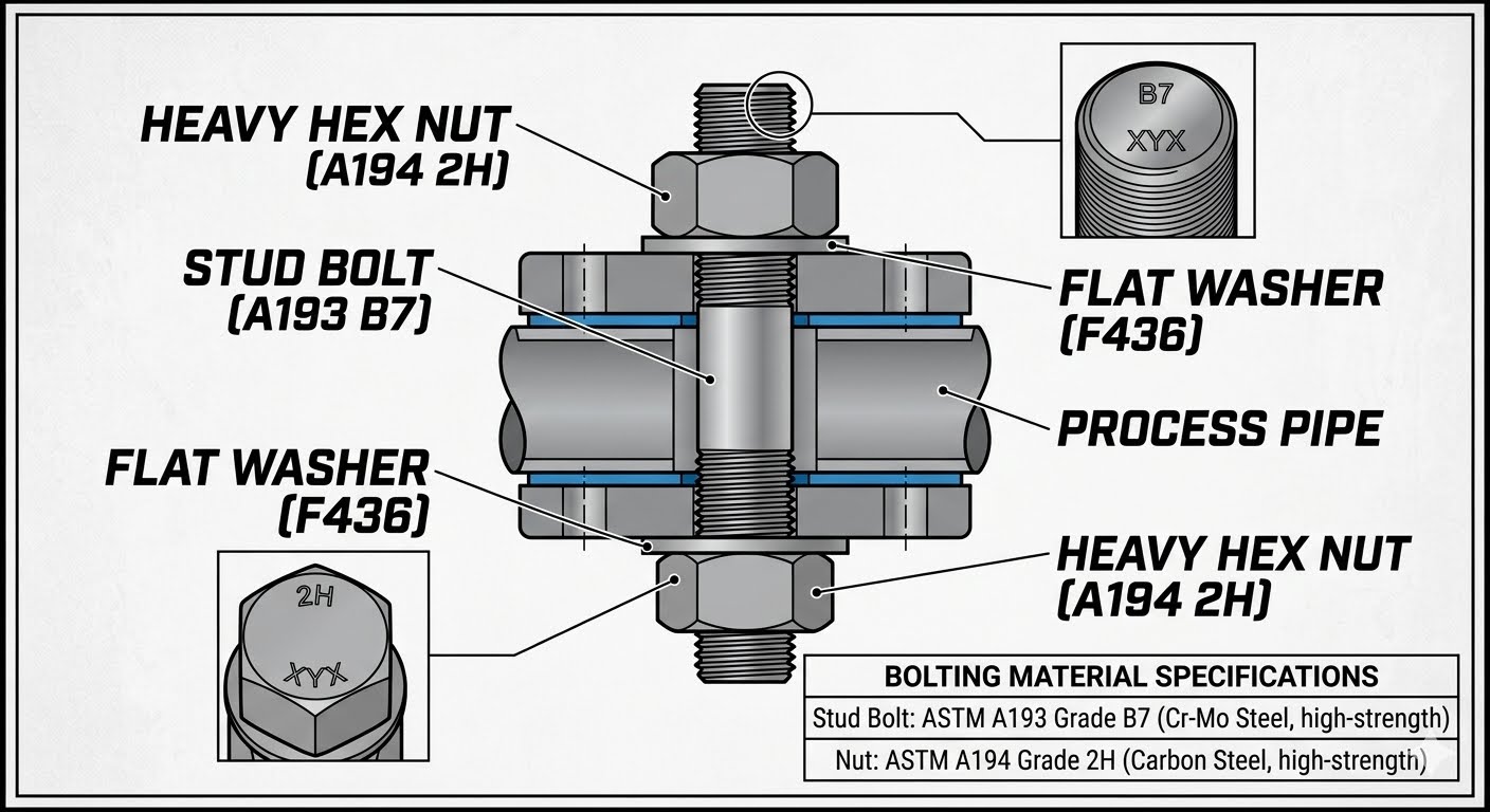 Piping stud bolt material grade diagram showing temperature limits and chemical compositions for ASTM A193 and A194