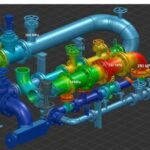 3D finite element stress analysis model of an industrial piping system showing stress distribution.