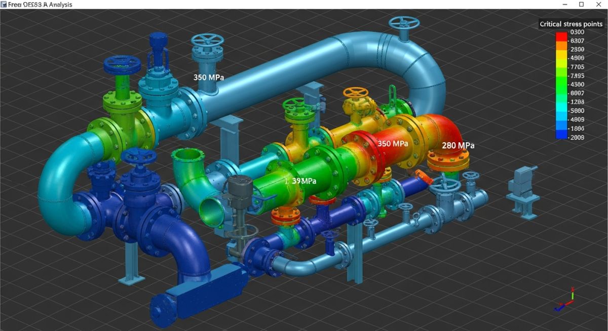 3D finite element stress analysis model of an industrial piping system showing stress distribution.