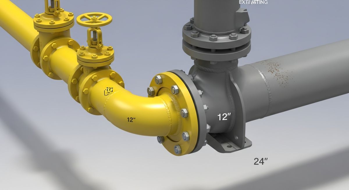 3D CAD model of a piping tie-in connection showing new and existing pipelines