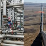 Side-by-side comparison of complex industrial facility piping and a long-distance cross-country transmission pipeline.