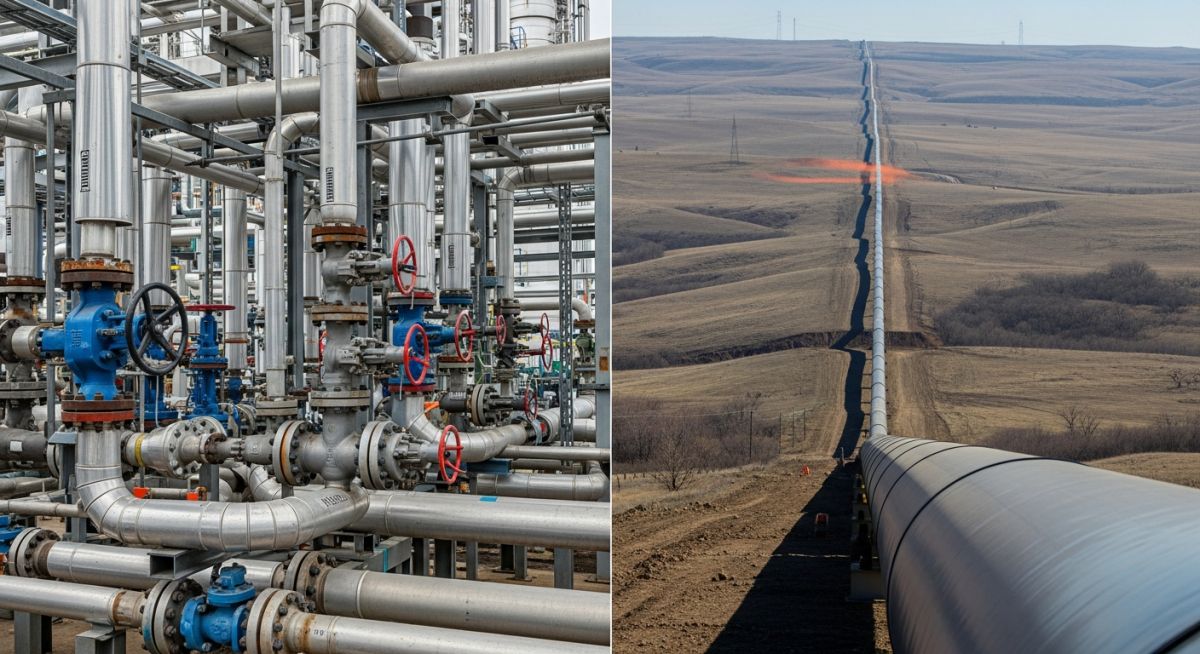 Side-by-side comparison of complex industrial facility piping and a long-distance cross-country transmission pipeline.
