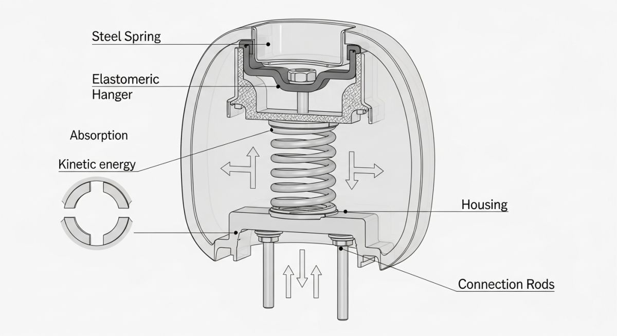 Technical schematic of spring and elastomeric piping vibration isolators showing deflection vectors
