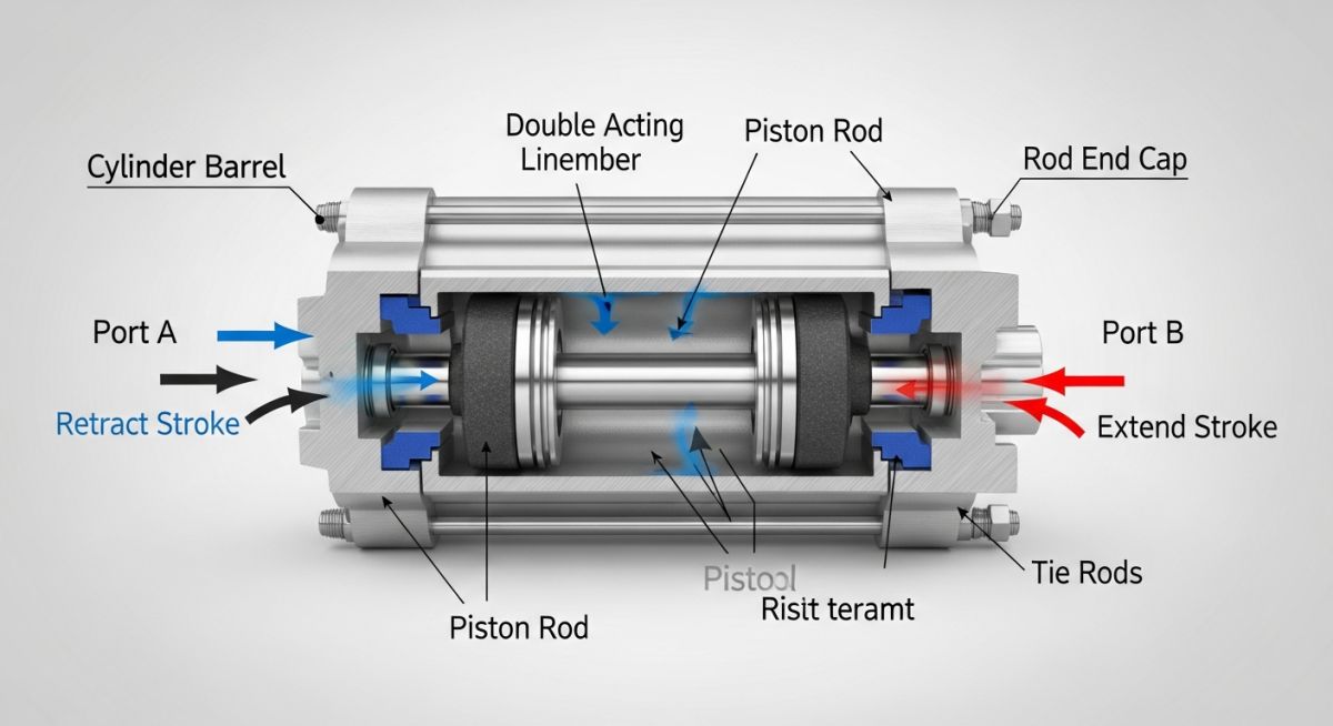 Cross-section diagram of a pneumatic linear actuator showing diaphragm, spring, stem, and positioner connections