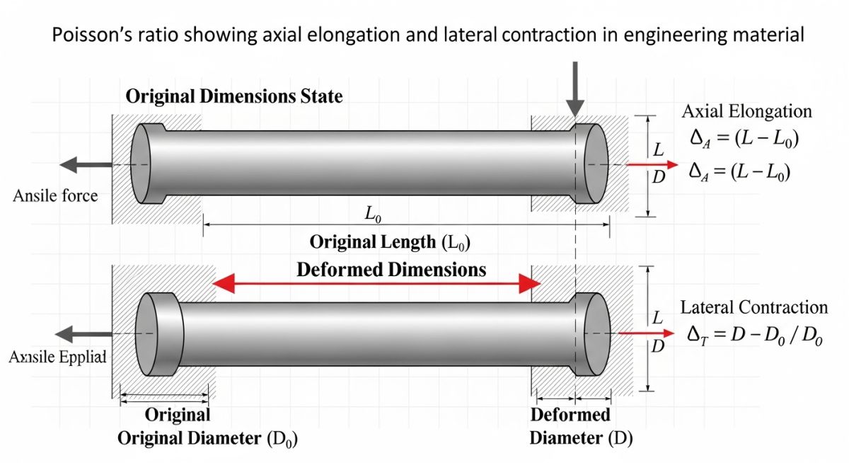 “Poisson’s ratio showing axial elongation and lateral contraction in engineering material”