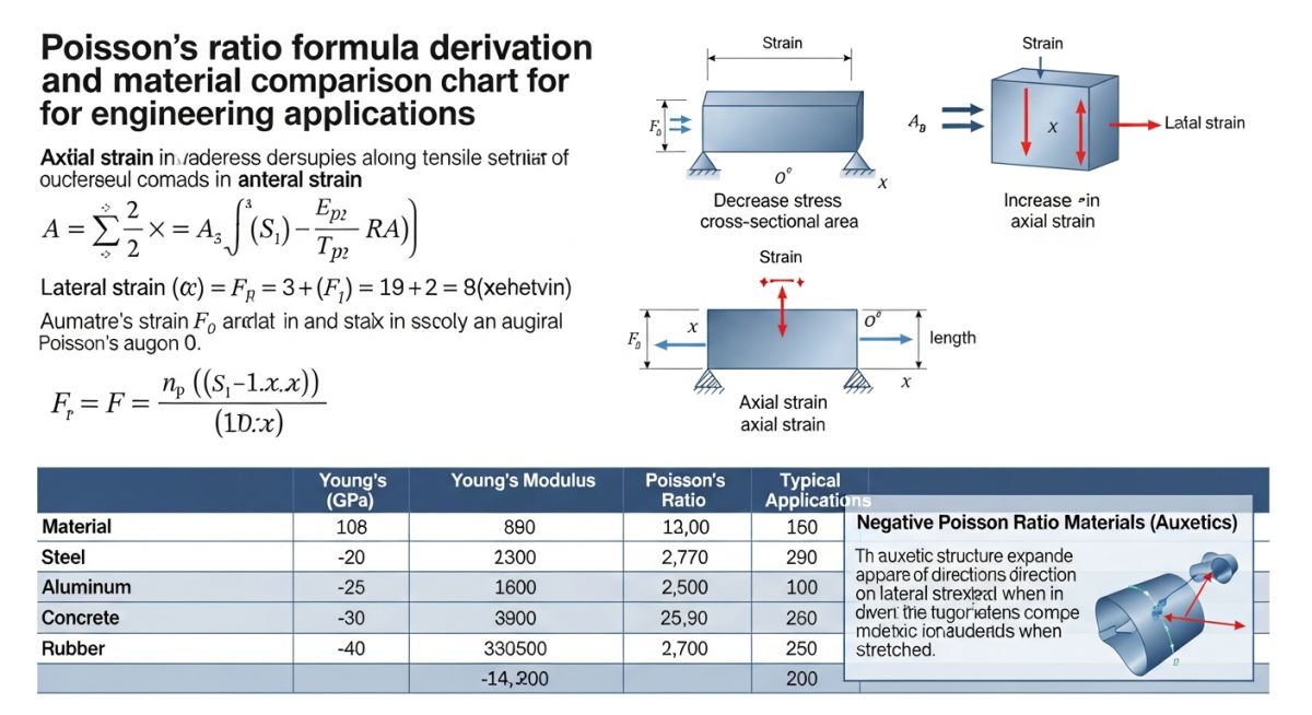 Poisson’s ratio formula derivation and material comparison chart for engineering applications
