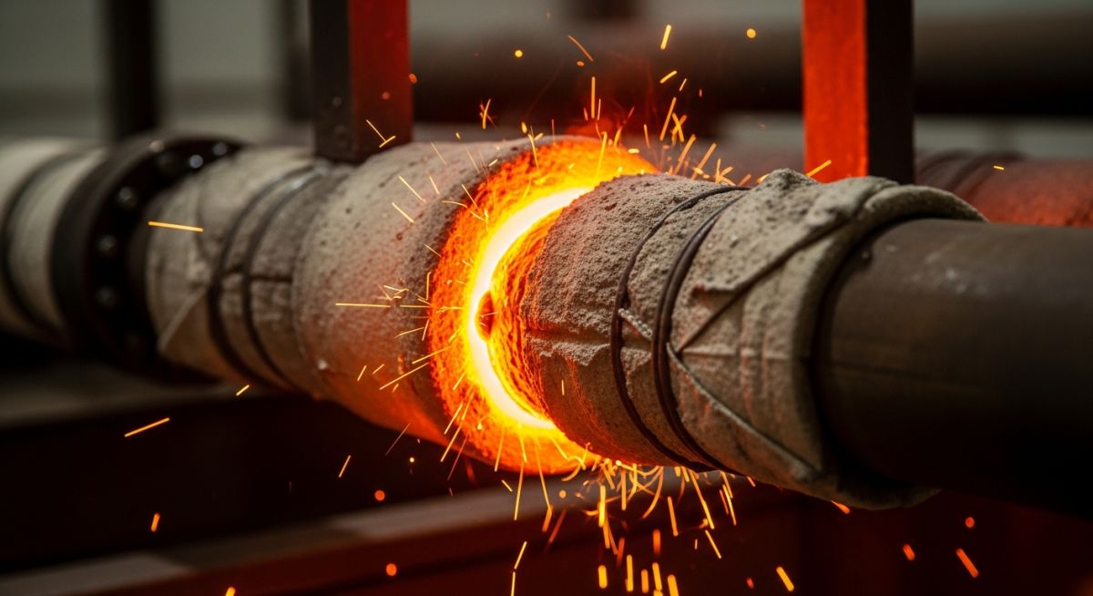 Ceramic heating blankets wrapped around a welded pipe joint for post weld heat treatment.