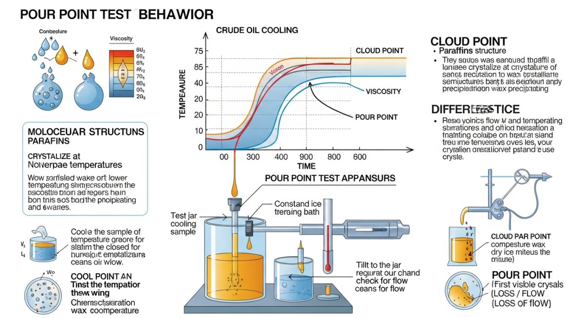 Technical infographic showing pour point measurement and wax crystallization behavior in crude oil