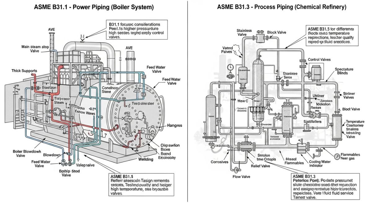 Technical comparison diagram of power piping vs process piping design boundaries