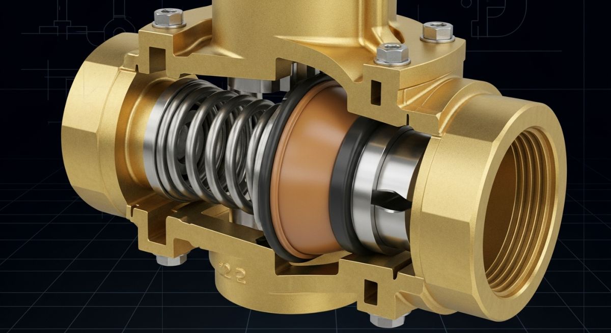 Cutaway 3D render of a brass pressure regulator showing internal spring and diaphragm