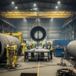 Pressure vessel fabrication process in industrial workshop with welding and rolling operations