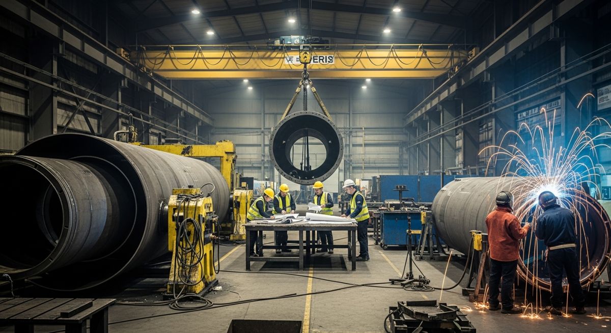Pressure vessel fabrication process in industrial workshop with welding and rolling operations