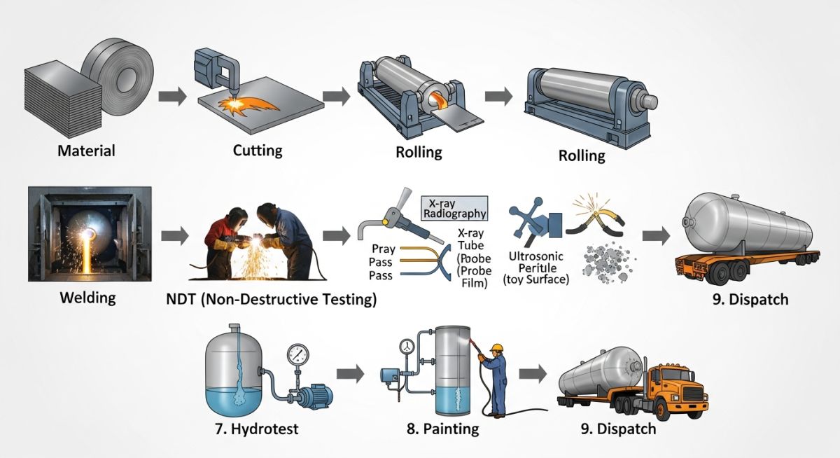 Step by step pressure vessel fabrication process diagram with testing and inspection stages