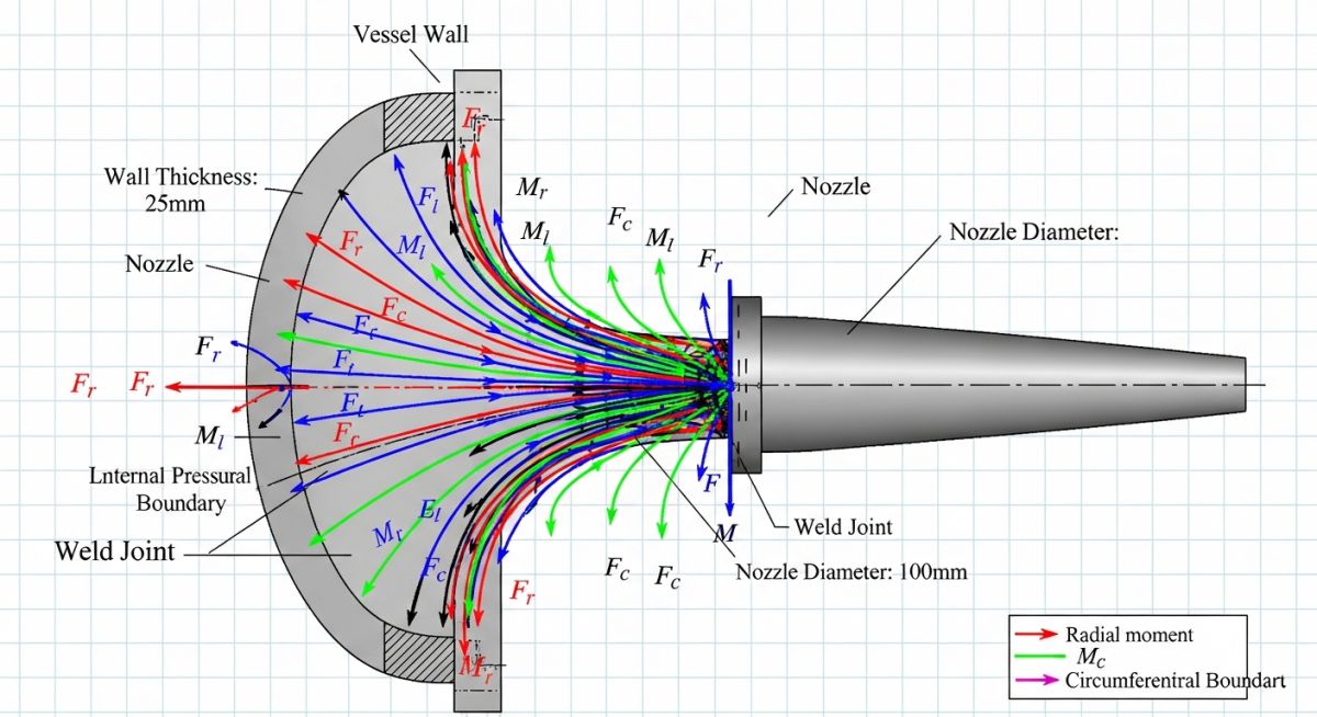 Pressure vessel nozzle loads diagram showing local forces and moments