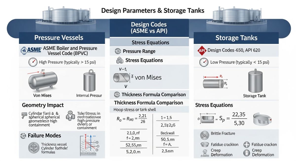 Engineering infographic comparing pressure vessel and storage tank design parameters
